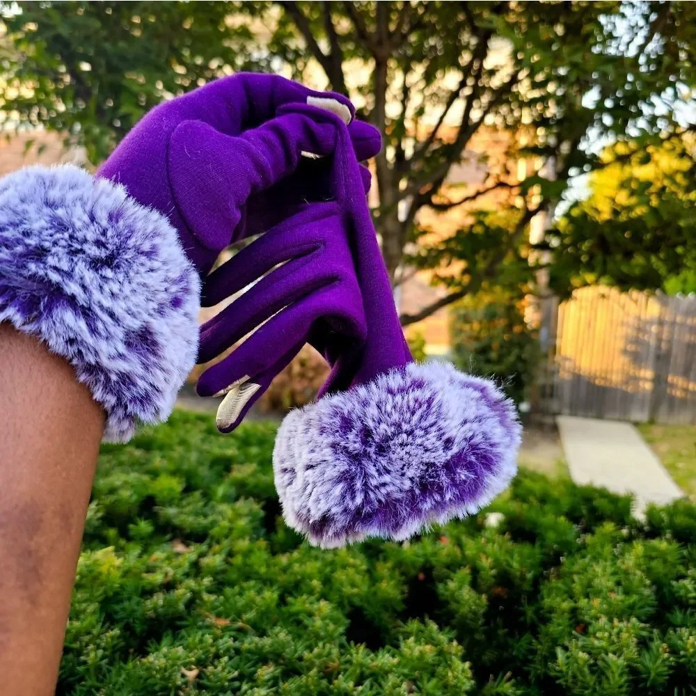 Purple Faux Fur Trim Text Capability Statement Gloves.